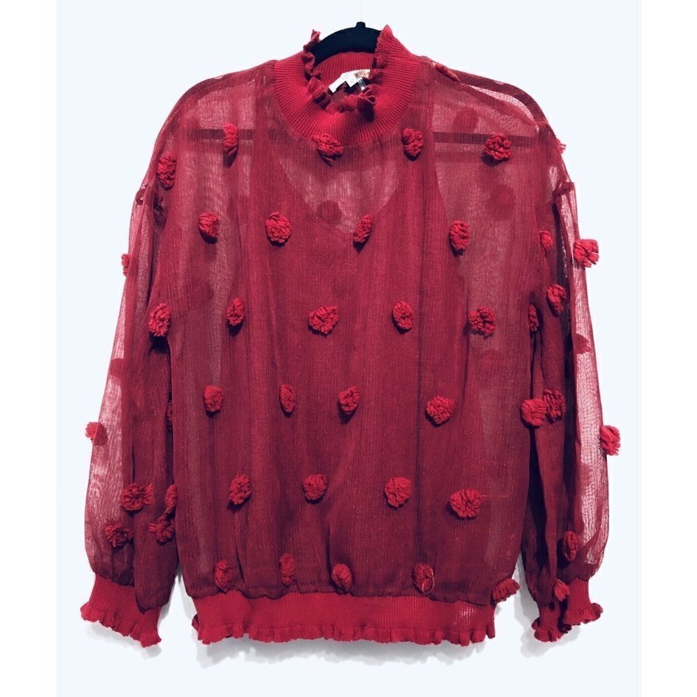 Entro Womens Medium Red Polka Dot Sheer Blouse Boho Festival Cottagecore